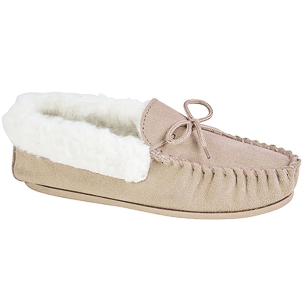 NWOT Nautica Woman's Tan Suede Faux Fur Knot Detail Moccasin Slippers, size 9